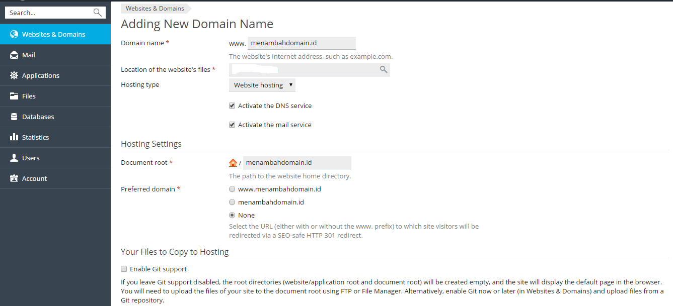 Menambah Domain di Plesk Panel
