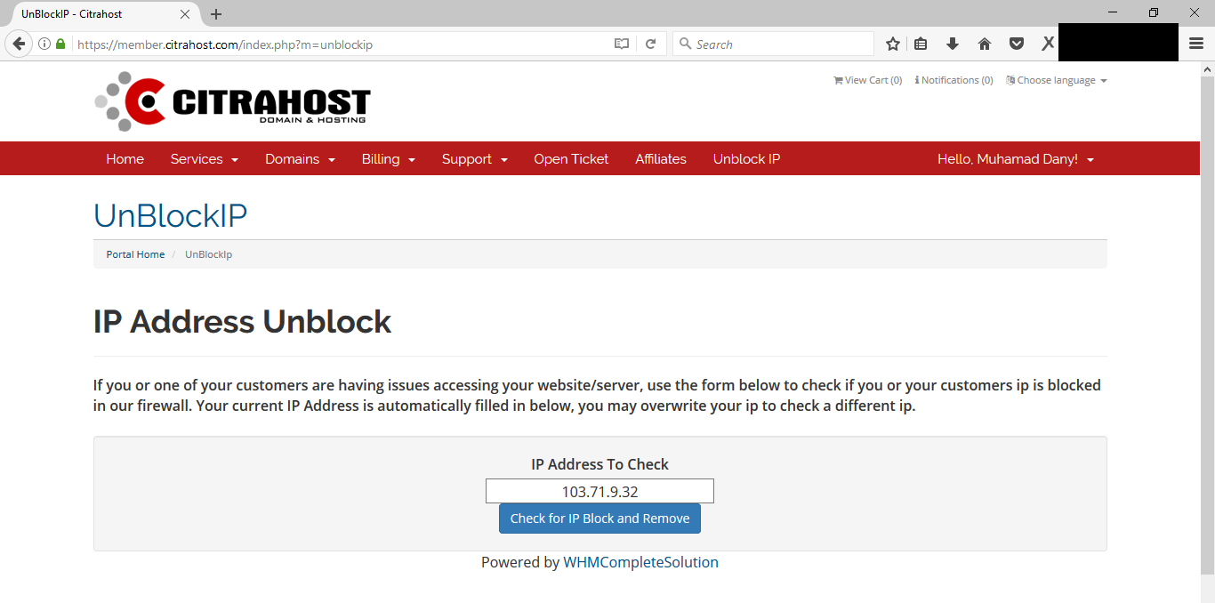 Cara Unblock IP Melalui Member Area Citrahost