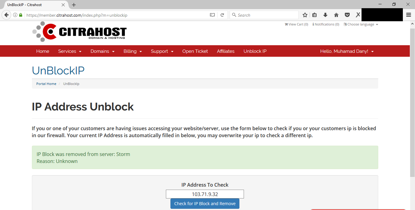 Cara Unblock IP Melalui Member Area Citrahost